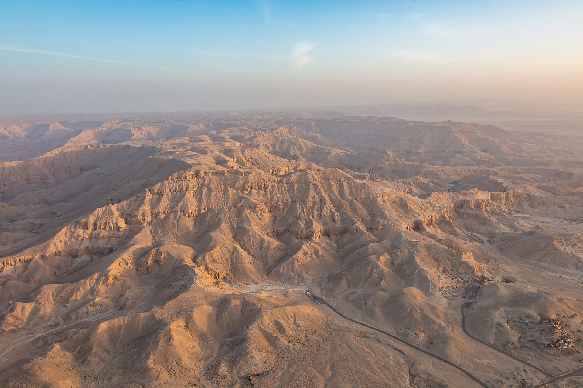 Aerial view of the desert hills hiding the Valley of the Kings, Luxor