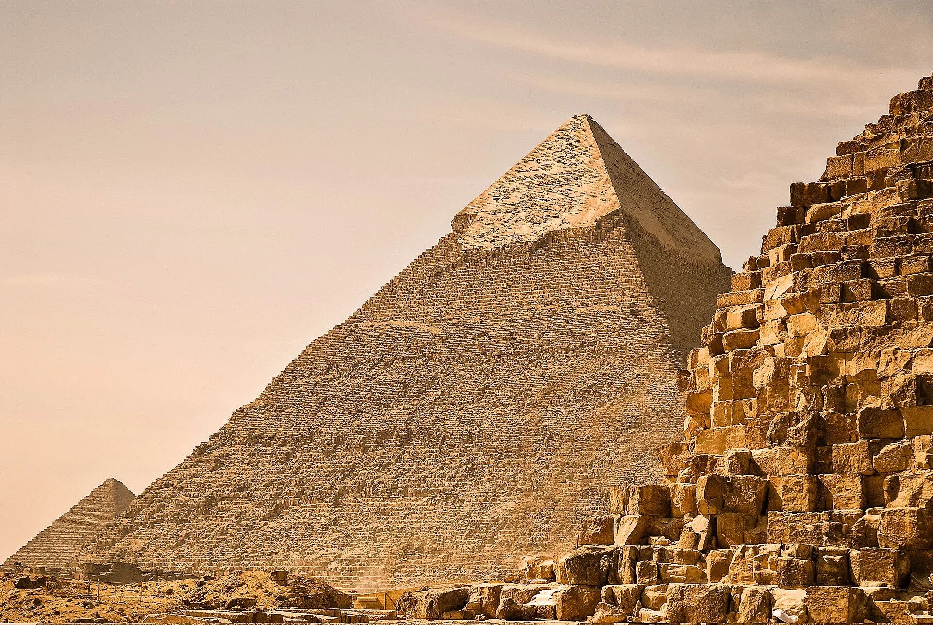 The pyramids of Khufu, Khafre and Menkaure rising over the Giza Plateau