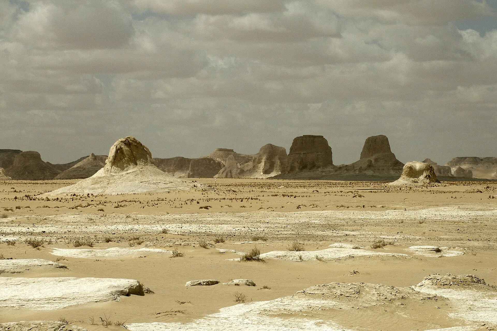 Wind-carved chalk towers scattered across the White Desert near Farafra