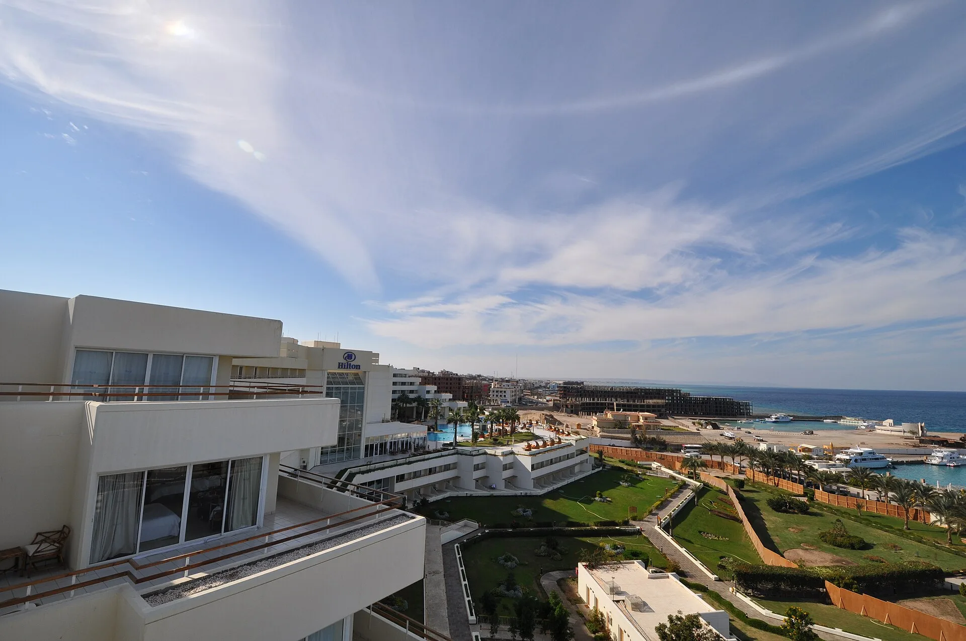 Terraced guest wings stepping down towards the sea at Hilton Hurghada Plaza