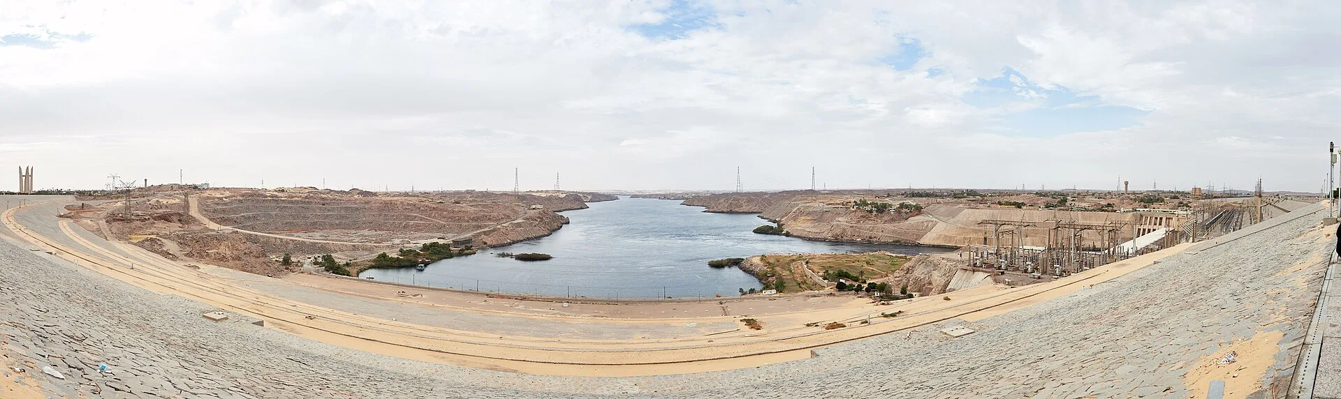 Panoramic view from the Aswan High Dam over the Nile downstream