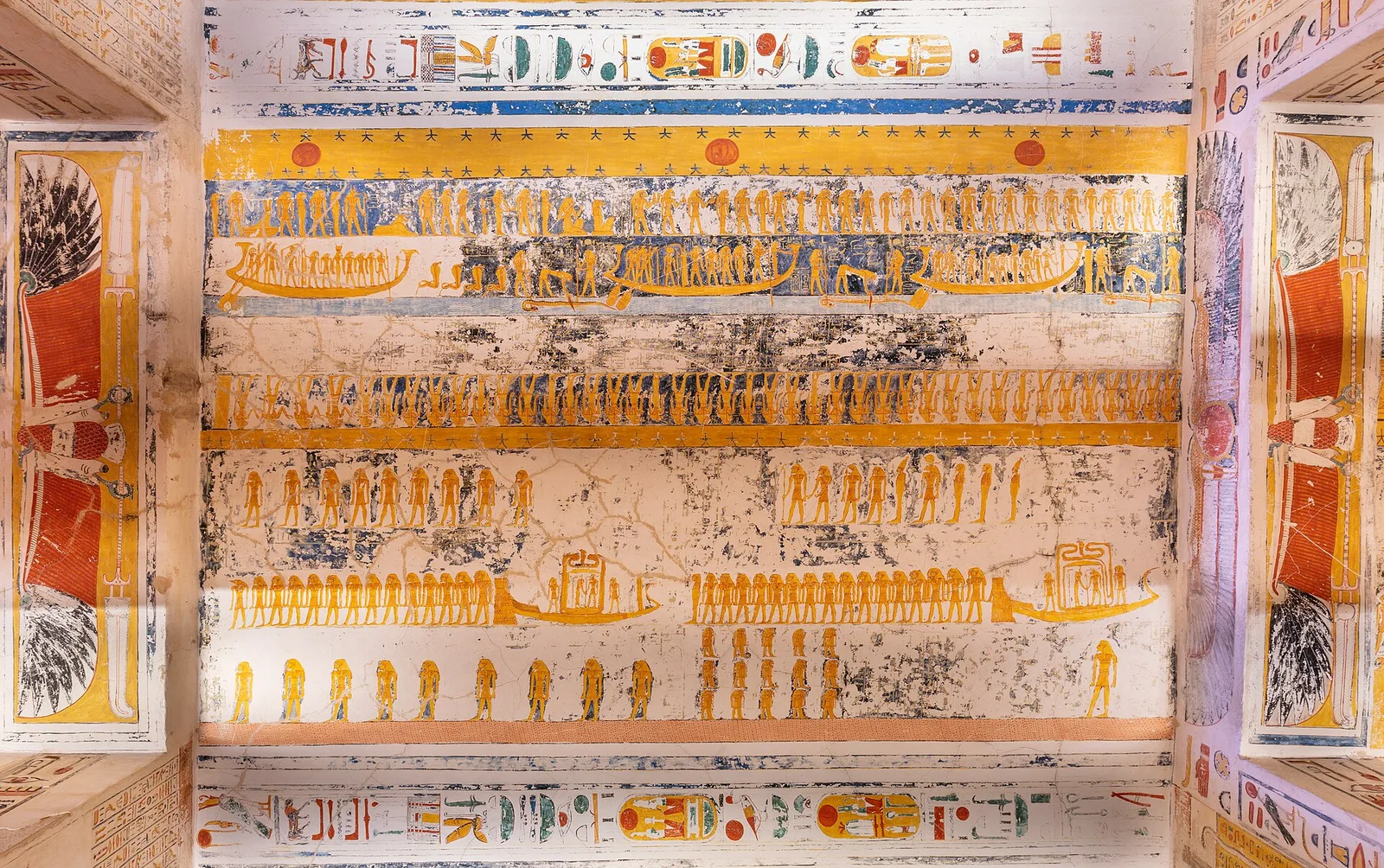 Painted ceiling with sun boats and rows of gods in the tomb of Ramesses VI (KV9), Valley of the Kings