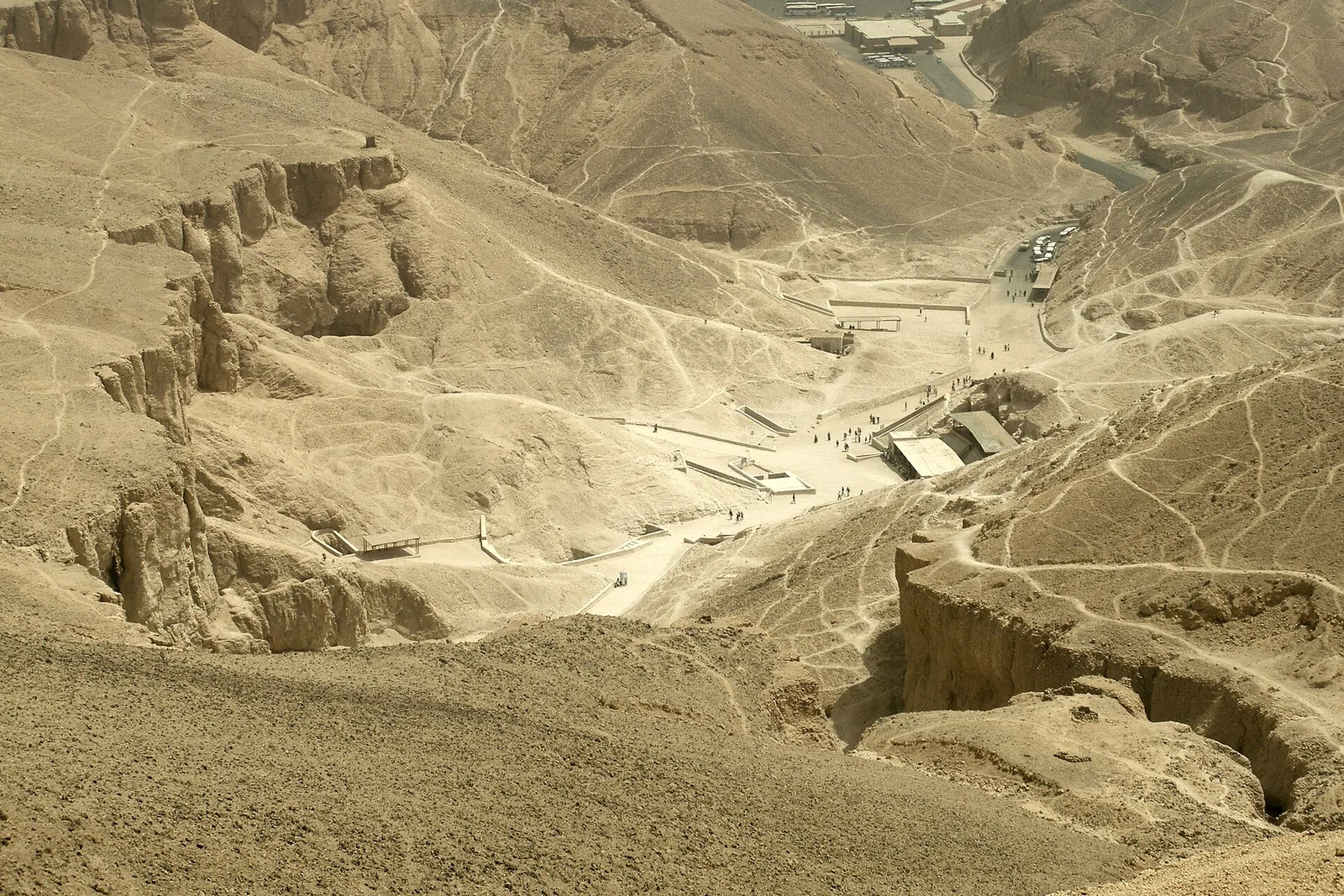 The Valley of the Kings seen from the hills above, with the paths leading to the royal tombs