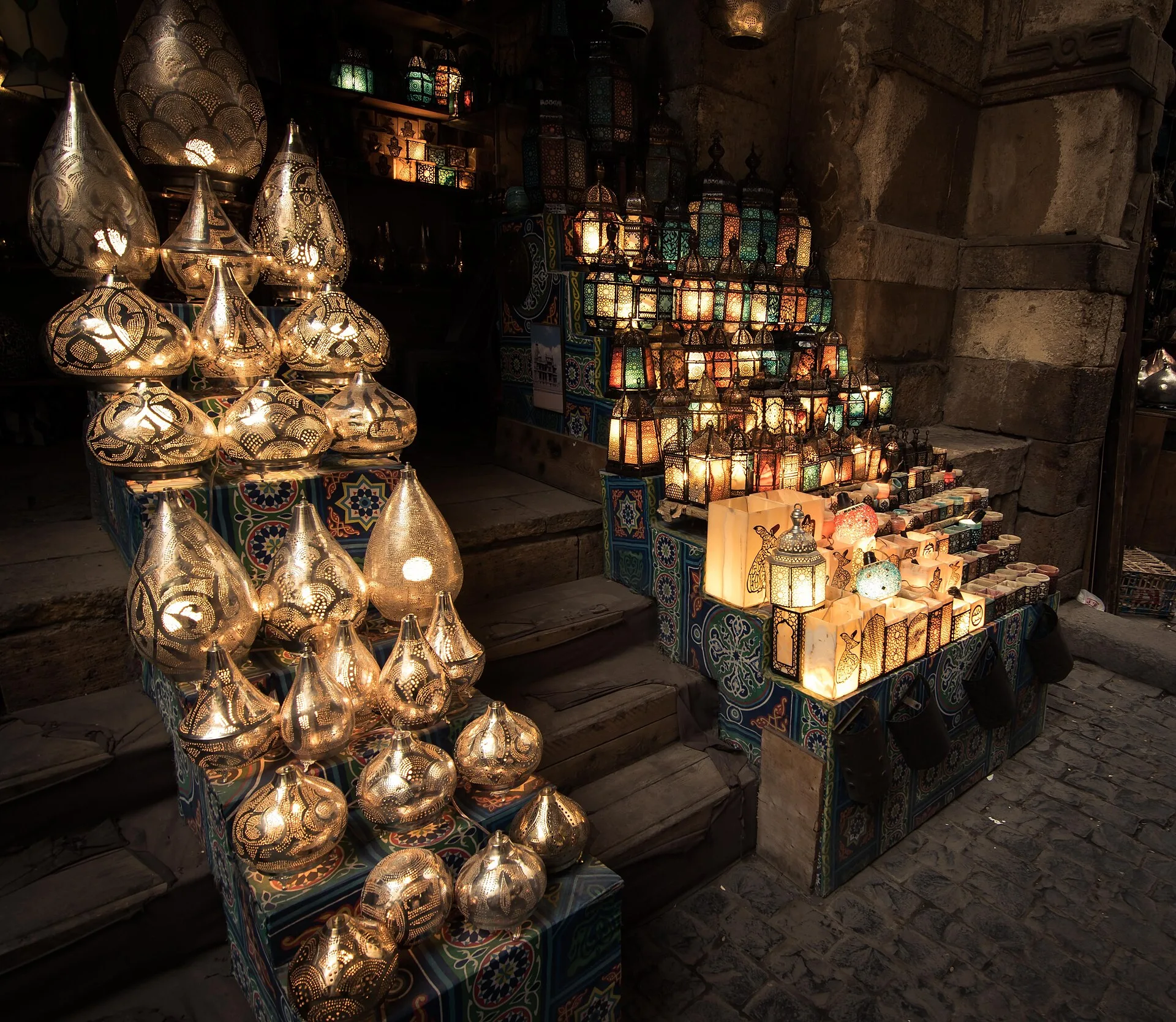 Glowing brass lanterns for sale in Cairo's historic Khan el-Khalili bazaar