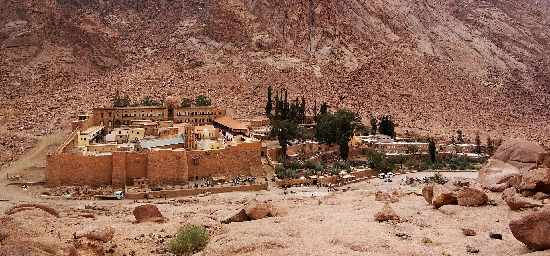Saint Catherine's Monastery at the foot of Mount Sinai's granite slopes