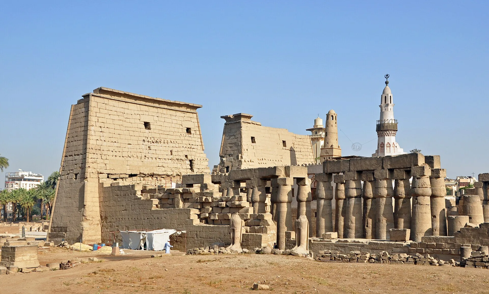 The pylon and colonnades of Luxor Temple in the centre of Luxor