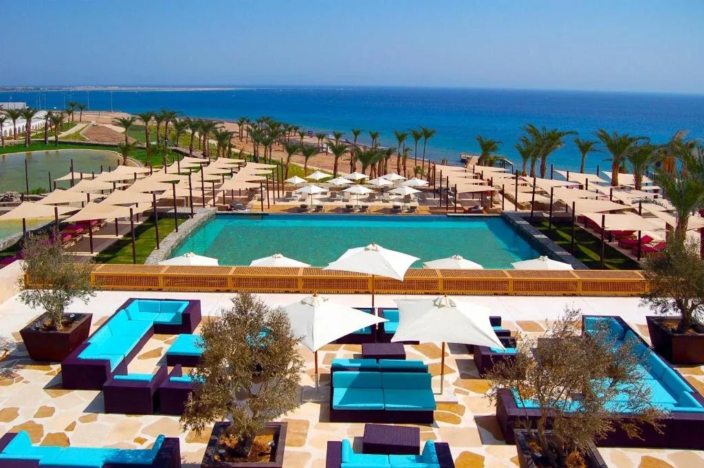Pools and the Red Sea seen from above at Retac Qunay Dahab Resort
