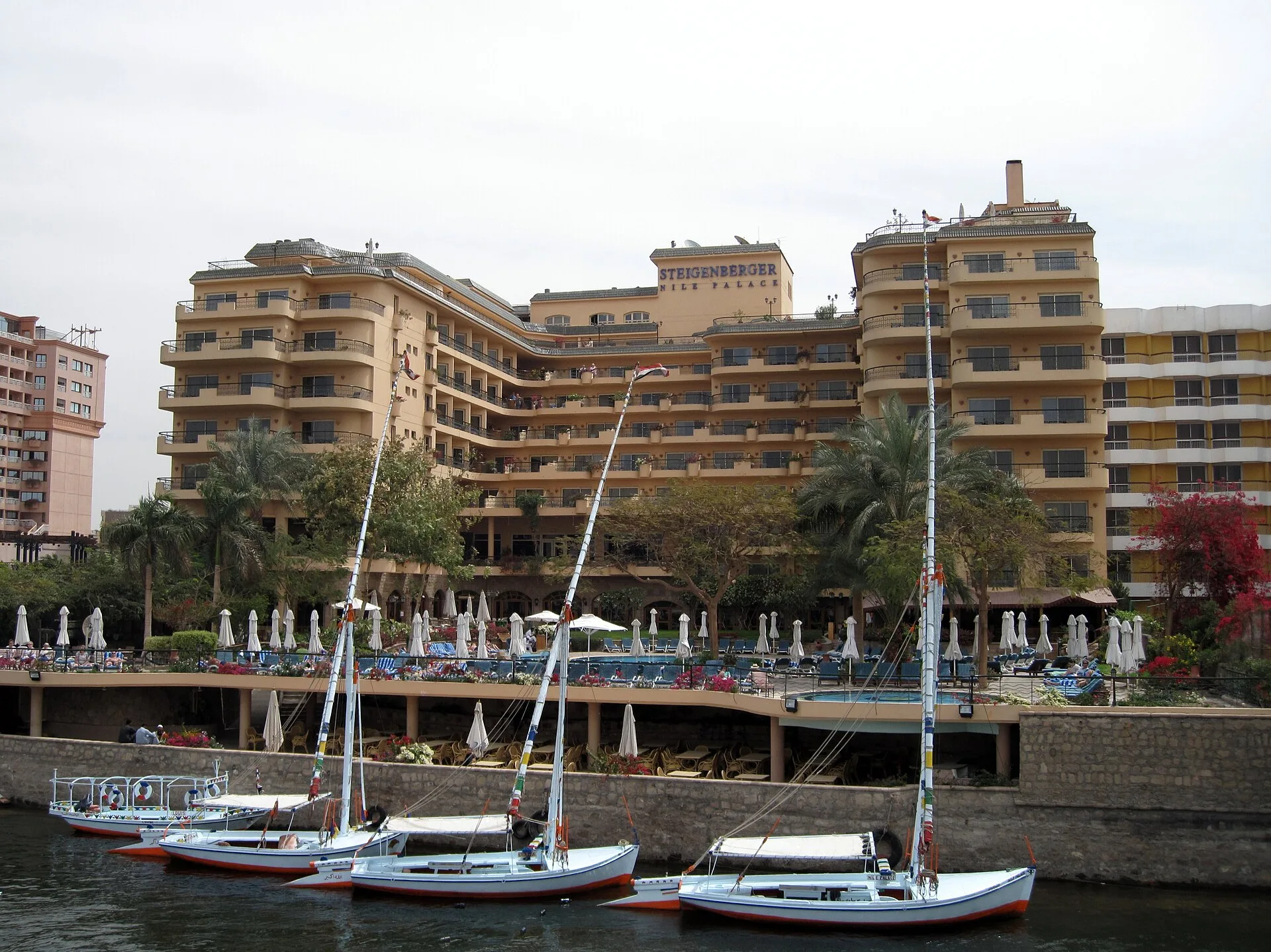 Riverside facade and pool terrace of the Steigenberger Nile Palace in Luxor